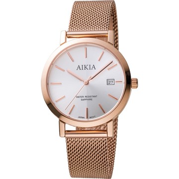 AIKIA 簡約米蘭時尚腕錶-3A2309GWT2/玫瑰金色x銀色34mm