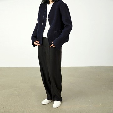 藏青色雙面v領口袋短款毛外套秋冬休閒外套 杲果GAOGUO