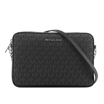 Michael Kors 銀字滿版LOGO拚色方形鏈帶斜背包(黑色)