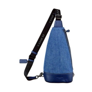 [平輸版] 【COACH】藍色丹寧布拼接皮革直式單肩胸背斜後背男包 真品平輸