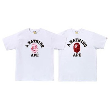 A Bathing Ape 胸前字母紅/粉色迷彩人猿頭 短袖 白色 001TEM3010