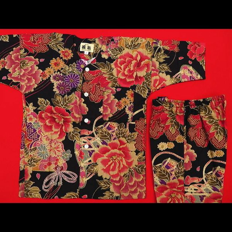 鯉口シャツ 金彩唐獅子牡丹と桜吹雪（黒赤）大人鯉口シャツ単品