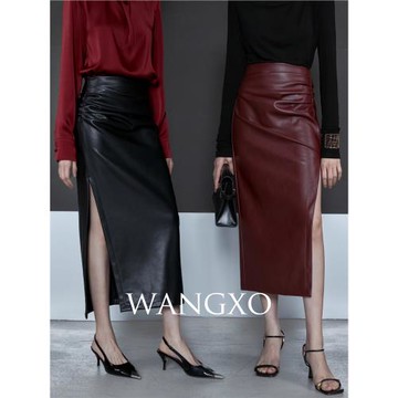 WANGXO｜柔軟蛋白皮革真皮手感｜重磅手工捏褶｜立裁開衩皮半裙