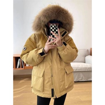 大毛領工裝羽絨棉服女2024新款冬季燈芯絨拼接寬松加厚派克服外套