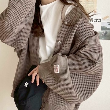 日本JaVa 針織外套 華夫格 秋冬服飾 鈕扣 泡泡袖