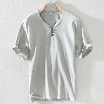 文藝夏季短袖青年休閑體恤衫亞麻