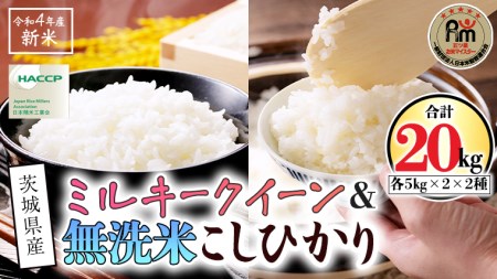 《 令和5年産 》《 食べ比べ セット 》 茨城県産 無洗米 コシヒカリ ・ ミルキークイーン 計 20kg (各 5kg × 2袋  食べ比べ セット こしひかり 米 コメ こめ 五ツ星 高品質 白米 精米 時短 お弁当 期間限定 新米