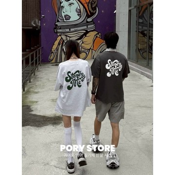 【PORY STORE】 韓國 3色 純棉 重磅 立體英文草寫 簡約 短袖 上衣 男裝 情侶 短t t恤
