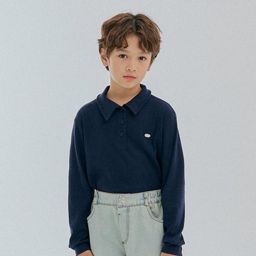 韓國 FORK CHIPS - 金屬裝飾直坑條翻領長袖上衣-深藍