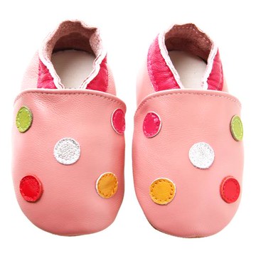 【BABY:MAMI】真皮手工寶寶學步鞋 (#35 粉底彩圓點） 12-18M/18-24M  止滑軟Ｑ膠底
