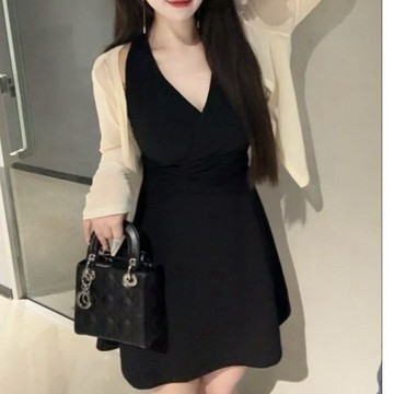 9907L_大尺寸顯瘦穿搭掛脖式洋裝開襟兩件女大尺寸微胖mm顯瘦遮胯短裙
