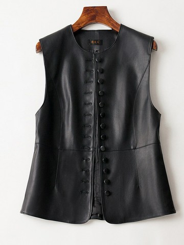 真皮馬甲女2024秋季新款圓領綿羊皮簡約顯瘦百搭無袖馬夾坎肩外套