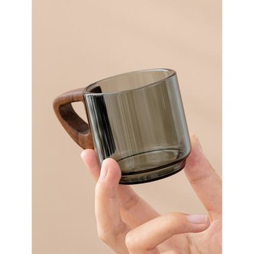 玻璃小茶杯品茗杯胡桃木帶把手防燙家用辦公室茶具高檔透明水杯子