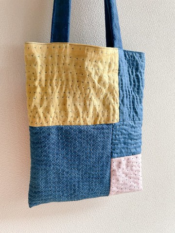 日本製造 藍染 刺子 Sashiko Patchwork 托特包 柔軟亞麻與棉質托特包 升級再造