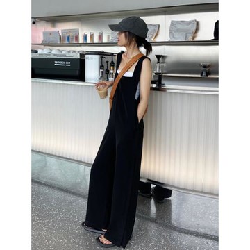 黑色直筒背帶褲子女高腰垂感顯瘦夏季2025新款寬松休閑闊腿連體褲