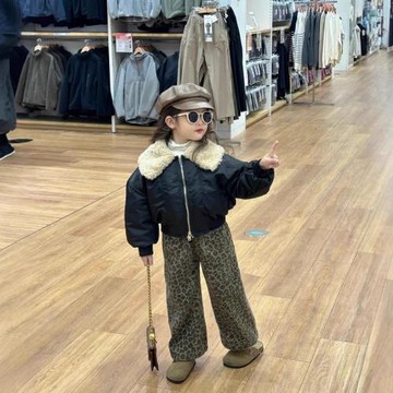 女童韓版厚款大毛領短款棉衣豹紋加絨褲純色毛衣打底衫時髦冬裝厚