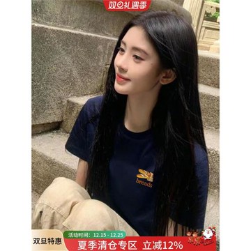 明星鞠婧祎同款簡約風印花t恤短袖女2025夏季新款休閑藏青色上衣