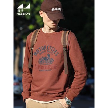 海行磚紅色360g純棉衛衣男2025秋季年新款美式復古圓領正肩打底衫