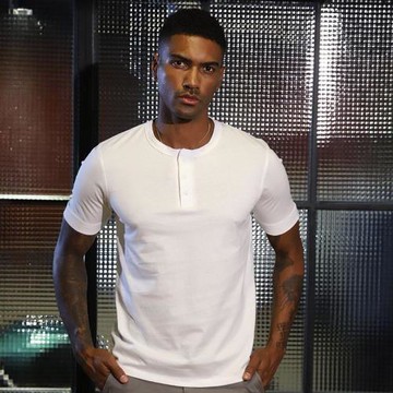 男士外貿亨利領短袖T恤休閑男裝夏季純色透氣百搭半袖純棉水洗t恤