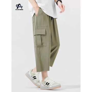 (免運)夏季八分工裝褲男士七分冰絲垂感薄款寬松直筒休閑運動九分8分褲