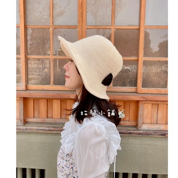 「拉兒小舖」台灣現貨 韓妞款 法式優雅  復古 韓版 棉麻 蝴蝶結草帽 漁夫帽 可折疊編織草帽