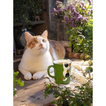 日系可愛三花貓咪咖啡杯陶瓷綠色小貓馬克杯貓貓造型設計感高顏值