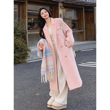 粉色毛呢外套女冬日千金穿搭氣質高級感超好看夾棉加厚長款大衣