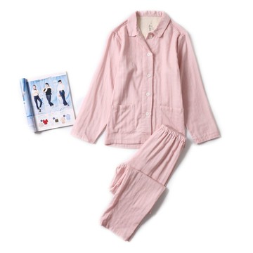 『百貨屋二號』棉雙層紗情侶款睡衣套裝透氣舒適棉紗波點長袖長褲款家居服