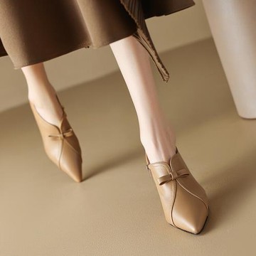 法式優雅尖頭2025年小跟側拉鏈深口單鞋蝴蝶結貓跟高跟鞋女罐罐鞋