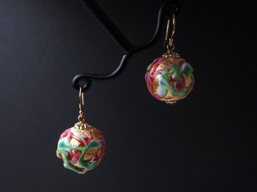 金底花紋-60年代穆拉諾琉璃珠耳環 - 蘇咪珠兒