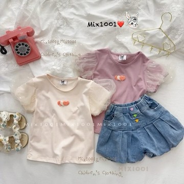 🌈✨mix1001三顆立體小愛心💗澎澎網紗公主袖上衣✨兒童造型車縫上衣 5-17