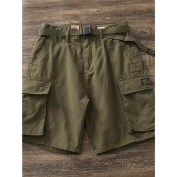 2023新款潮牌軍綠色工裝褲男士直筒口袋五分褲寬松休閑褲純色短褲