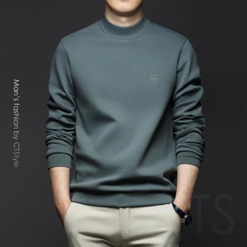 秋冬季男士中半高領衛衣長袖T恤打底衫2024新款男裝立領上衣秋裝