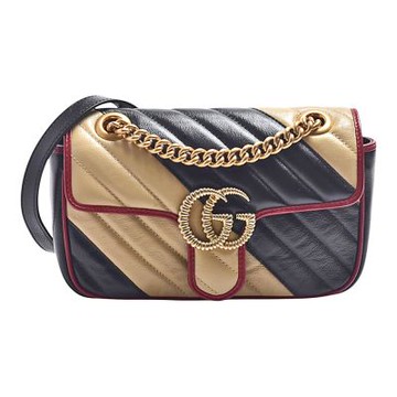 GUCCI  經典螺旋雙G LOGO黑米斜紋拼色皮革金鍊肩背/斜背包(黑/米)