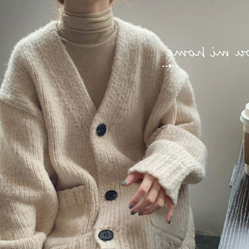 纖婕芙寬松慵懶風針織開衫女2022秋冬V領單排扣設計感毛衣外套潮