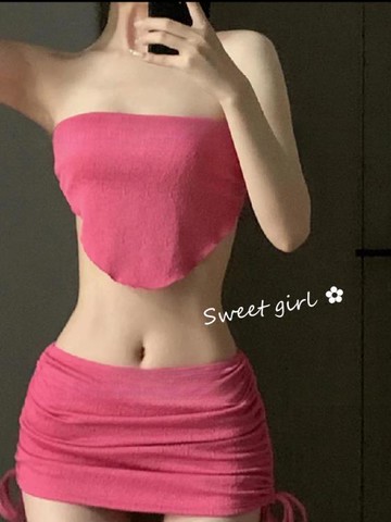 二三件式 抹胸泳衣女款夏比基尼沙灘玫紅色性感分體純欲風小胸三件套仙女范 三木優選