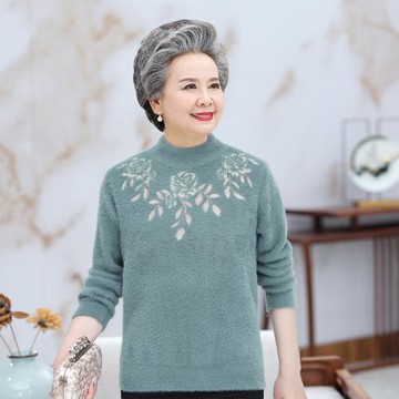 媽媽早秋冬季加厚仿水貂絨中老年套頭毛衣女寬松針織衫奶奶打底衫