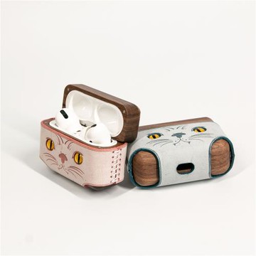 手作萌系貓臉創意可愛耳機保護套皮質適用于pro蘋果耳機airpods3