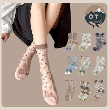 OT SHOP 女襪｜當天/隔天出貨 韓版刺繡花朵玻璃直筒襪 現貨 M1252
