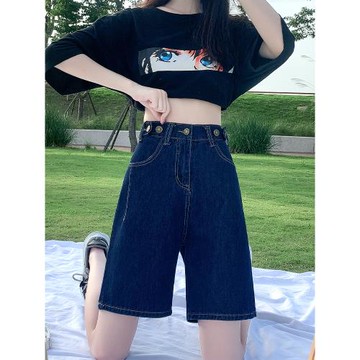 深藍色牛仔短褲女夏季新款高腰顯瘦寬松直筒獨特漂亮五分闊腿中褲