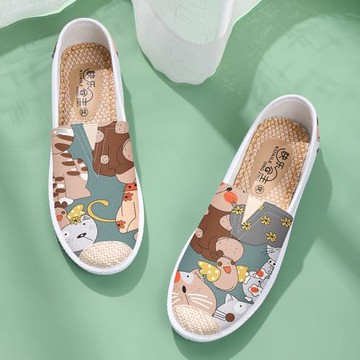 老北京布鞋女2025新款夏季時尚平底淺口漁夫一腳蹬休閑開車帆布鞋