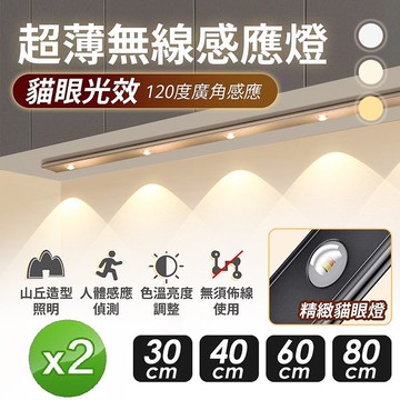 (2入組)貓眼光效USB充電式超薄無線感應燈MZ1(40CM三燈)銀色*2
