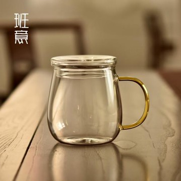班意 水杯帶蓋日式玻璃單層泡茶杯辦公室家用綠茶花茶水杯子帶把