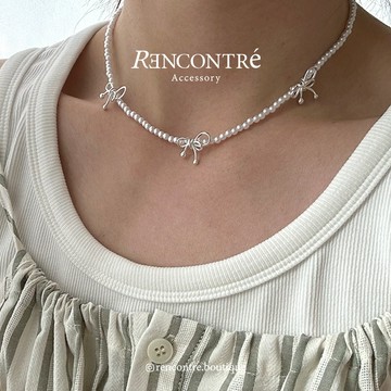 新年 禮物 交換禮物『韓國 甜蜜仙女 蝴蝶結珍珠項鍊』Rencontre 925純銀 蝴蝶結項鍊 珍珠項鍊 純銀項鍊
