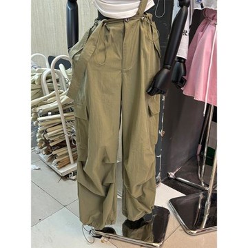 十三行新款美式復古綠色工裝背帶褲子休閑褲女夏季小個子闊腿長褲