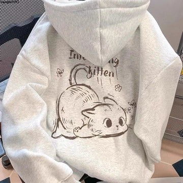✨ 女生上衣衛衣 加厚大學T ✨✨ 重磅日系卡通貓咪連帽衛衣女秋冬加絨加厚寬松慵懶風oversize外套