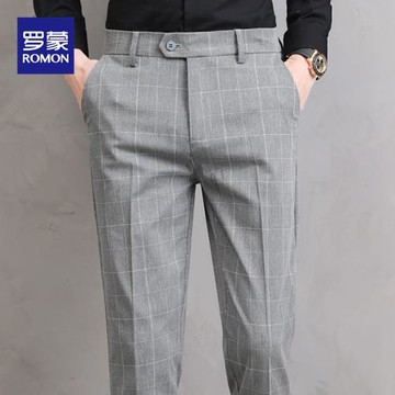 羅蒙格子小西褲男秋冬直筒商務修身西裝褲子男士青年厚款休閑長褲