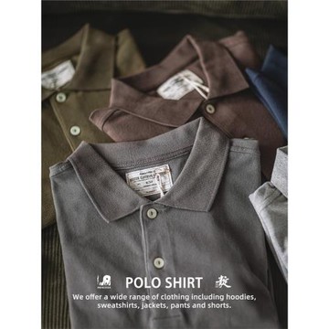 靛海 美式復古翻領純棉馬球polo衫阿美咔嘰修身純色短袖T恤男夏季