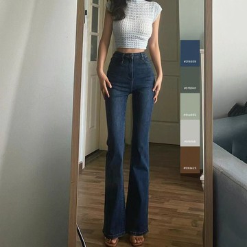 深藍色牛仔褲女韓版高腰緊身顯瘦彈力喇叭褲