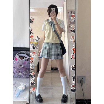 【苦瓜起司】原創綠色校供感JK格裙制服套裝春秋正版百褶裙半身裙